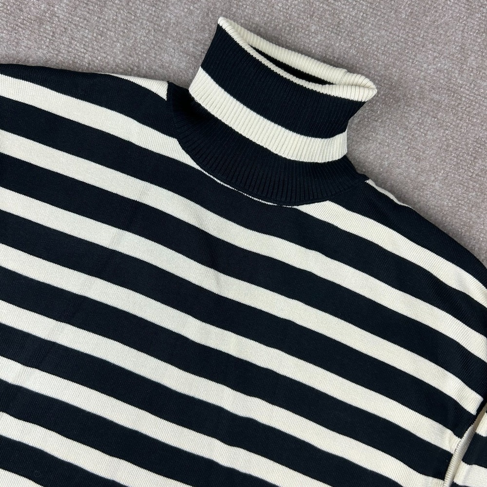 Commense Knit Sweater Womens Medium Cream Black Striped Oversized Boxy Side Slit
